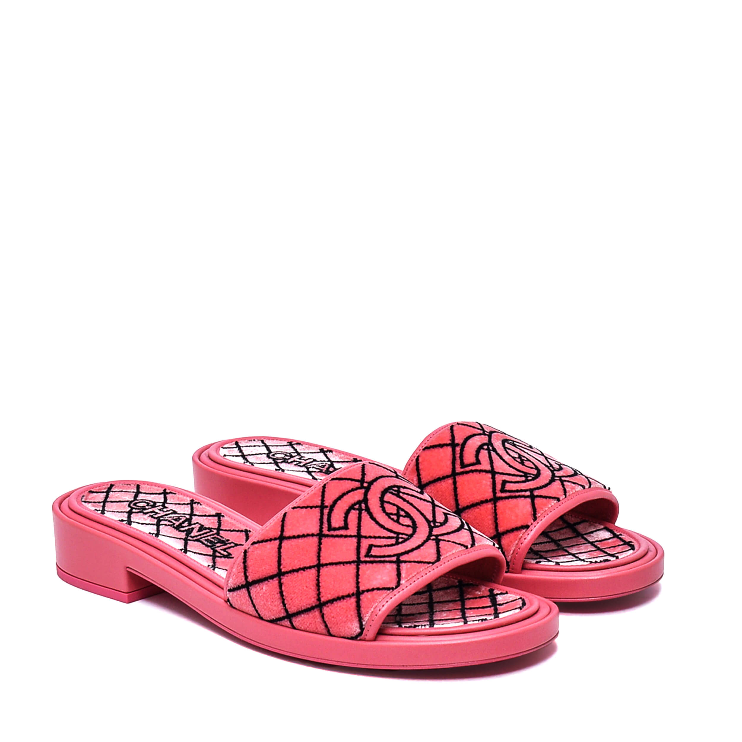 Chanel - Pink & Black Velvet CC Sandals